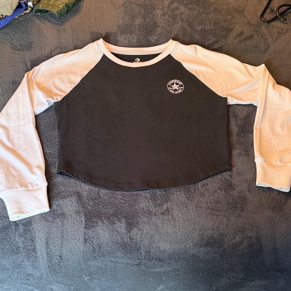 Converse Womens Cropped Black and White Long Sleeve Tee